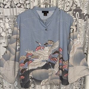 Natori Blue and Pink Crane Blouse